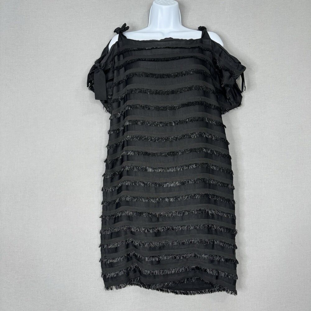Behnaz Sarafpour Womens Dress 4 Black Linen Striped Fringe Flapper Dark Romantic